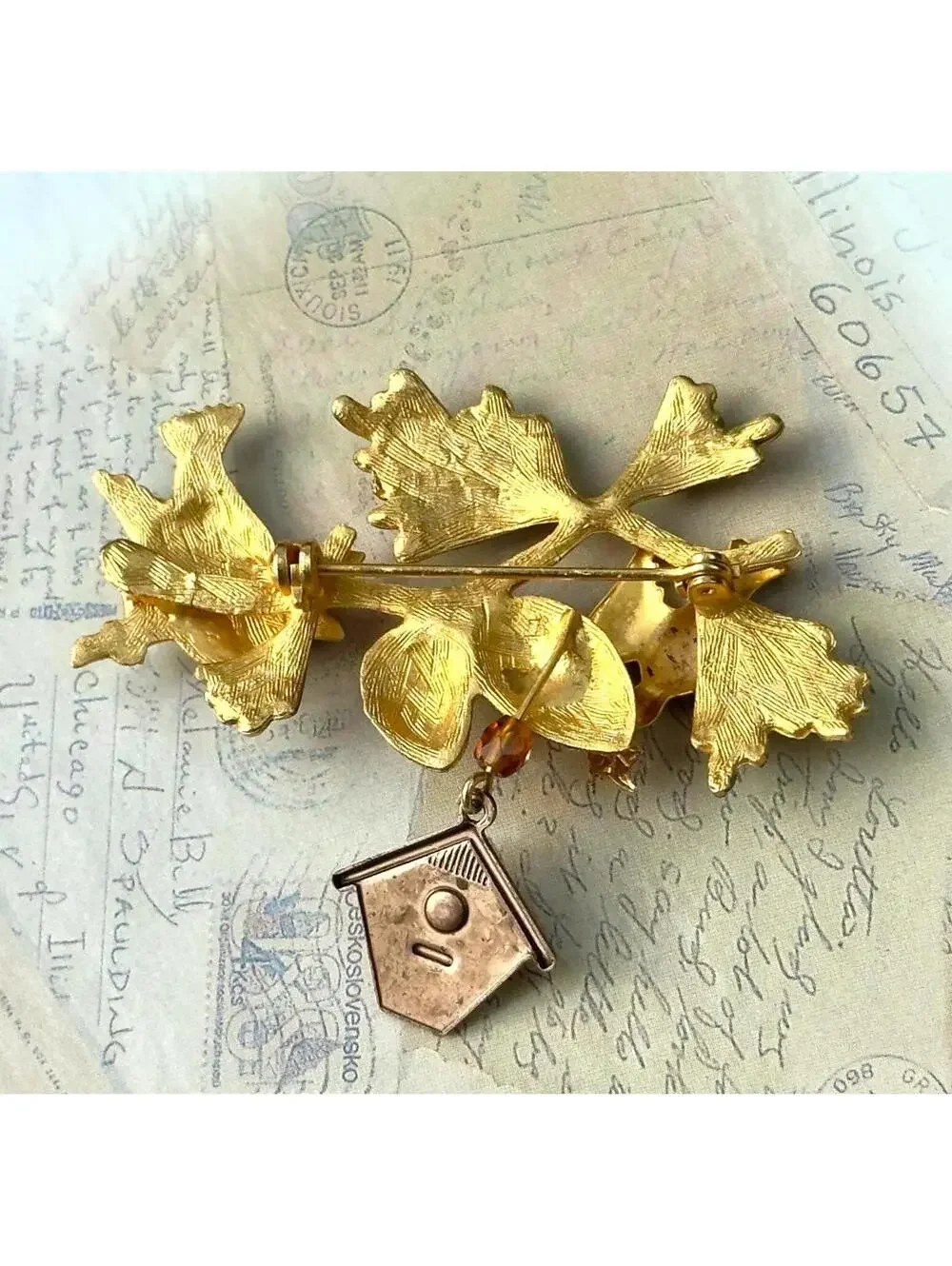 Vintage Enamel Bird Brooch with Pinecones & Dangling Charm Gold Tone
